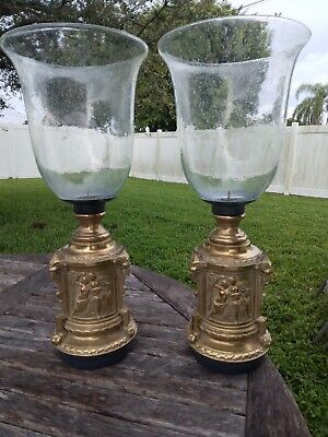 Pair of Italian Brass Hollywood Regency Lion Head And Claw Hurricane Candles 21"