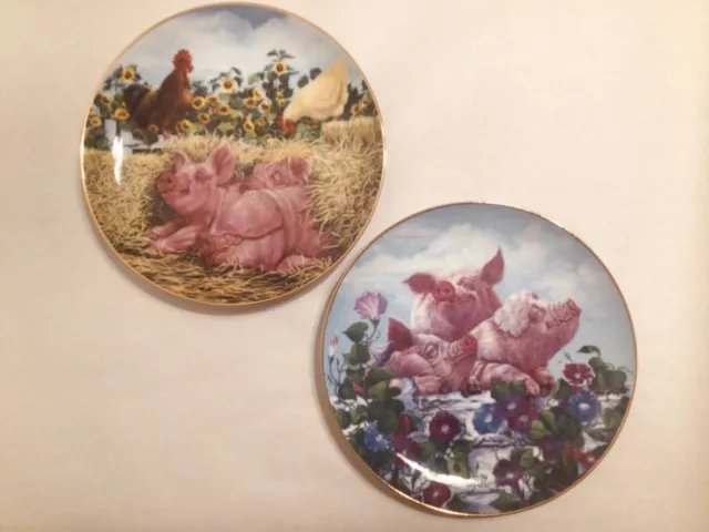 Danbury Mint Joan Wright Pigs in Bloom Plates Hamming It Up & Snoozing Swine
