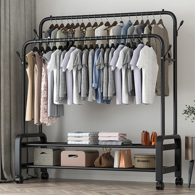 HEAVY DUTY METAL Double Rail Clothes Garment Hanging Rack Shelf Display ...