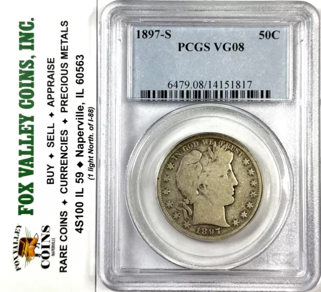 1897-S Barber 50C Silver Half Dollar VG8 PCGS SCARCE KEY DATE! 933,900 MINTED!