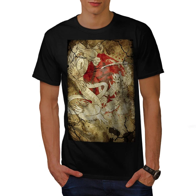 Wellcoda Katana Dragon Clash Mens T-shirt, Battle Graphic Design Printed Tee