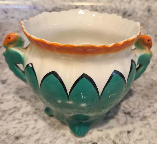 Czechoslovakia Art Pottery Cache Pot - Green, Orange, and White Bird  On Handles