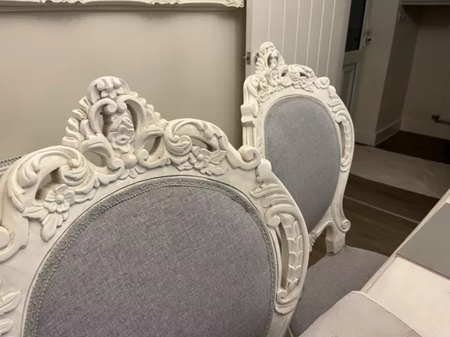 Set Of Four Ornate White French Grey Fabric Shabby Chic Wood Dining Chairs 3