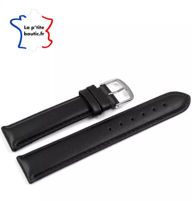⭐️ Bracelet de Montre en Cuir Noir Lisse 16/18/20/22/24 mm Boucle argentée ⭐️