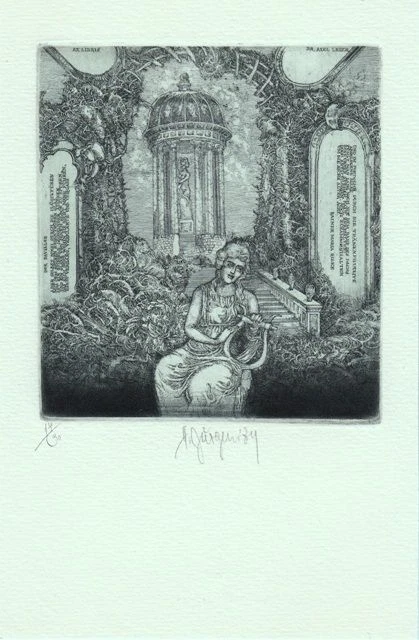 Exlibris Bookplate Radierung Harry Jürgens 1948 Erotik Lyra Redend