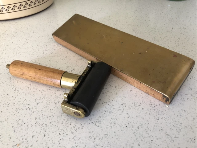 Vintage genuine ex police fingerprint taking brass block and ink roller in vgc