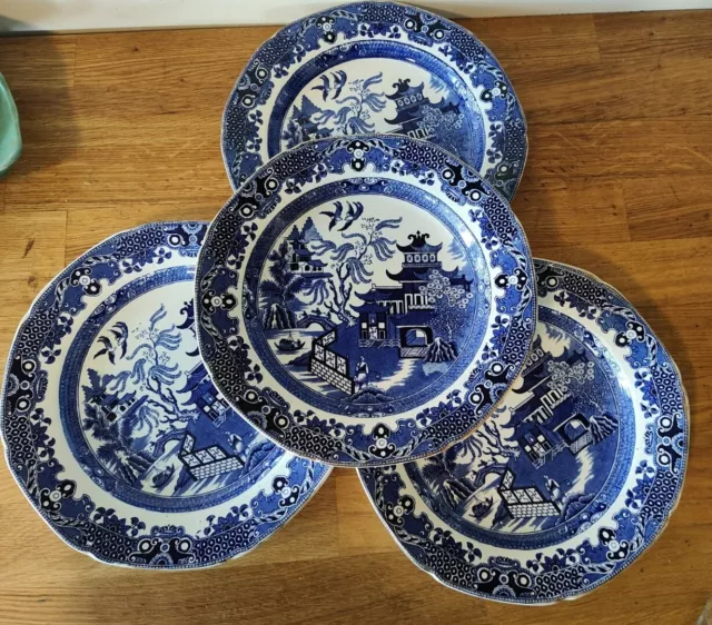 Burleigh Ware Blue Willow Large Shallow Bowls/ Deep Plates Set Of 4 England 9.5"