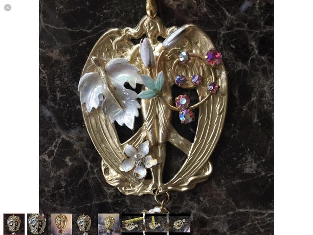 Austrian Crystal VTG Art Nouveau Nymph/Muse Enameled Floral Pendant