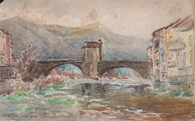 RIVER BRIDGE LANDSCAPE SOSPEL FRANCE Watercolour Painting 1924 IMPRESSIONIST