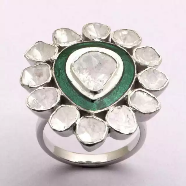 Handmade Naturel Polki Diamant 925 Massif Argent Sterling Bague Victorien  Bijoux