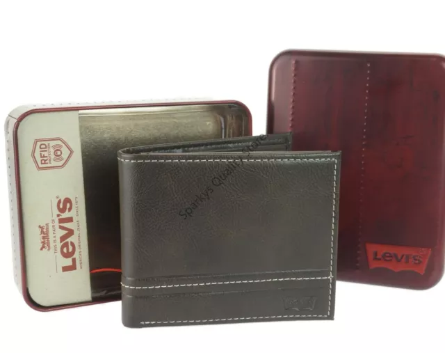 Authentic Levi's Leather Wallet Brown Bi Fold RFID Protection ID Window Flap Tin