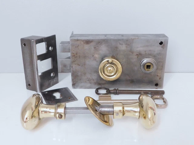 Ancienne Serrure de Porte,Poignée,Bouton Olive,Rosace, Gâche et 2 Clé,vers 1950