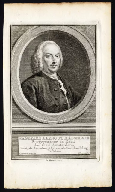 Antique Portrait Print-GERARD AARNOUT HASSELAER-TIRION-Houbraken-c.1750