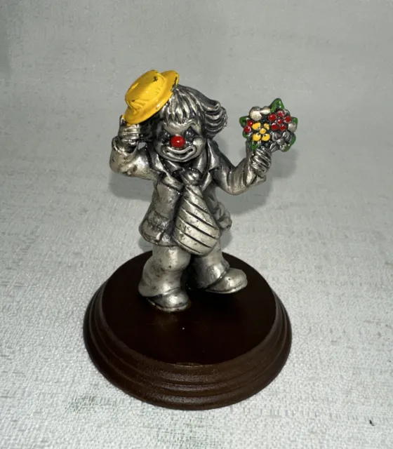 Vintage George Good Cast Pewter Clown On Wood Base With Flowers 3" Tall MINT