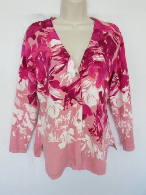 WOMANS S pink white floral button long sleeve CARDIGAN SWEATER