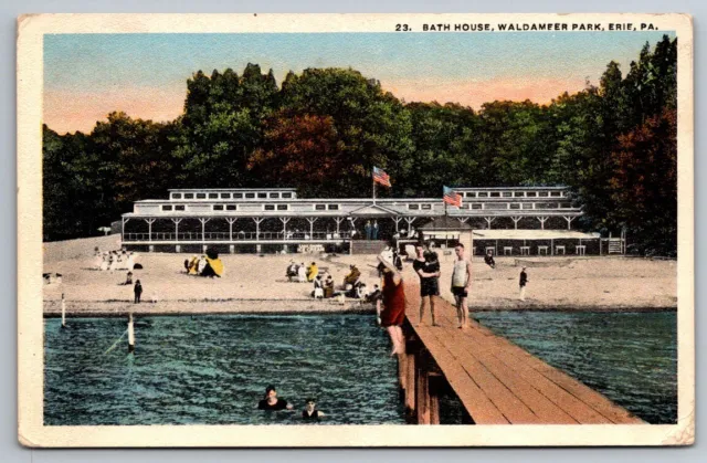 ERIE PA PENNSYLVANIA Postcard Waldamere Park Beach Bath House Swimming Swim