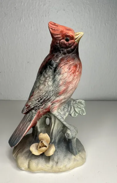 Vintage Cardinal On Branch With Flowers Ceramic Figurine