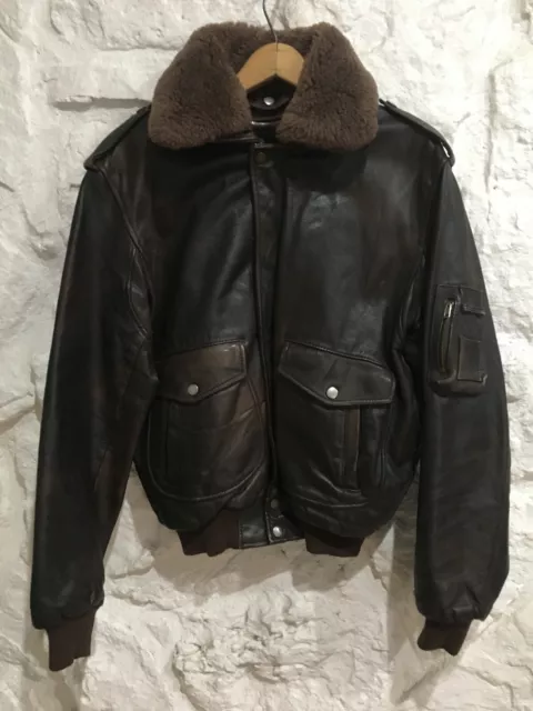 Vintage Thick Brown Leather Flight Bomber G-1 Style Jacket Faux Fur Collar Liner