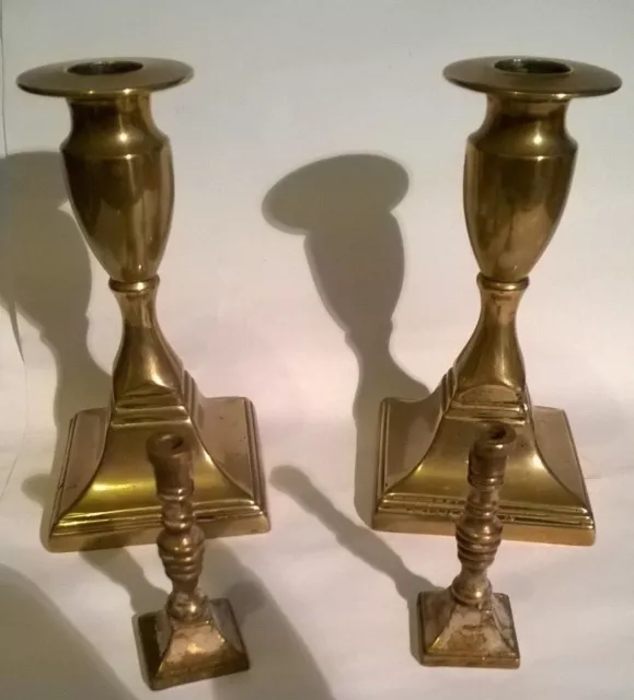 two Pairs Small Vintage Solid Brass Candlesticks