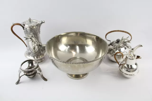 Silver Plate Ware Coffee Pot Guernsey Creamer Stag Detailed Bowl Vintage x 4