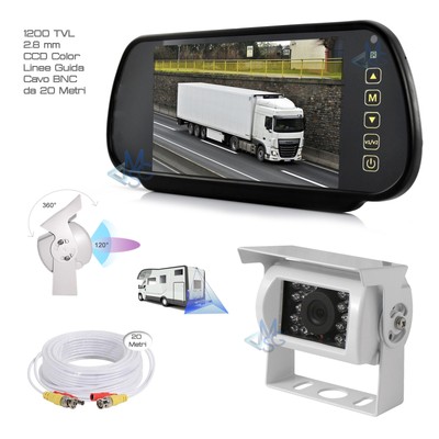Camper Specchietto Retrovisore 7" e Telecamera Retrocamera 18 LED HD per Auto Camper 