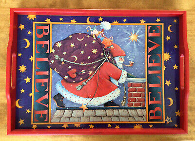 VTG MARY ENGELBREIT Christmas Santa/Believe Large Wooden Handled Tray, Red