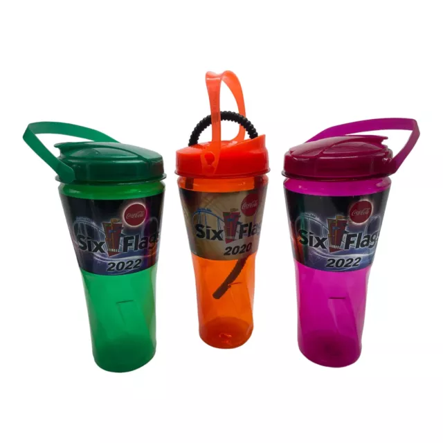 SIX FLAGS 3 Refillable Drink Cup Bottles Souvenir Collectible CocaCola