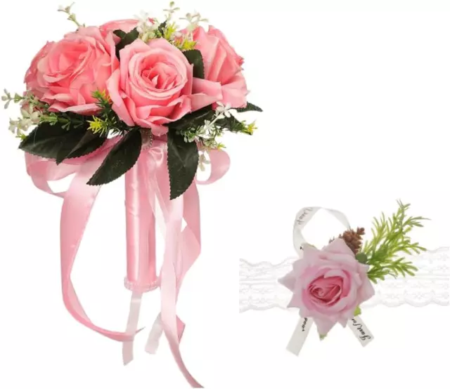 Bouquet Da Sposa Con Rosa Da Polso, Bouquet Da Damigella D'Onore, Nastro Di Seta