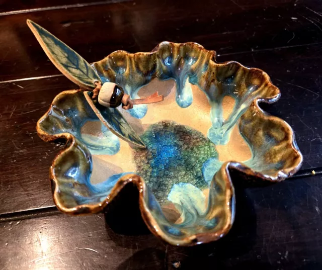 Teal Blue Handmade Art Pottery Candy Dish Decorative Bowl Crackle Glass Bottom