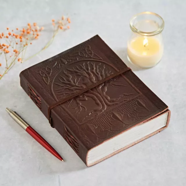 Tree of Life Leather Journal, 125 Unlined Recycled Paper Pages Notebook Diary