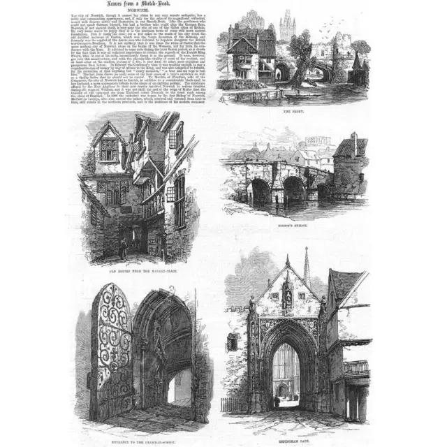 NORWICH Erpingham Gate, Grammar School, Ferry, Bishops Bridge-Antique Print 1868