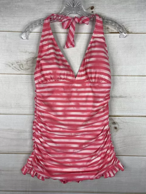 COCO RAVE Women's size M 34 D Pink Stripe Ruffle Hem Swim Dress Swimsuit