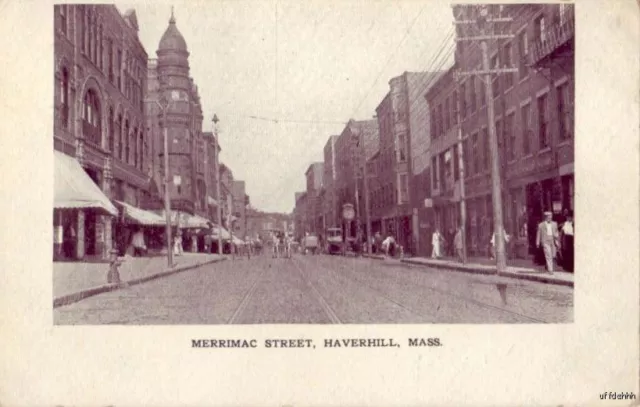 HAVERHILL, MA MERRIMAC STREET PRE-1907 pedestrians horse-drawn ...