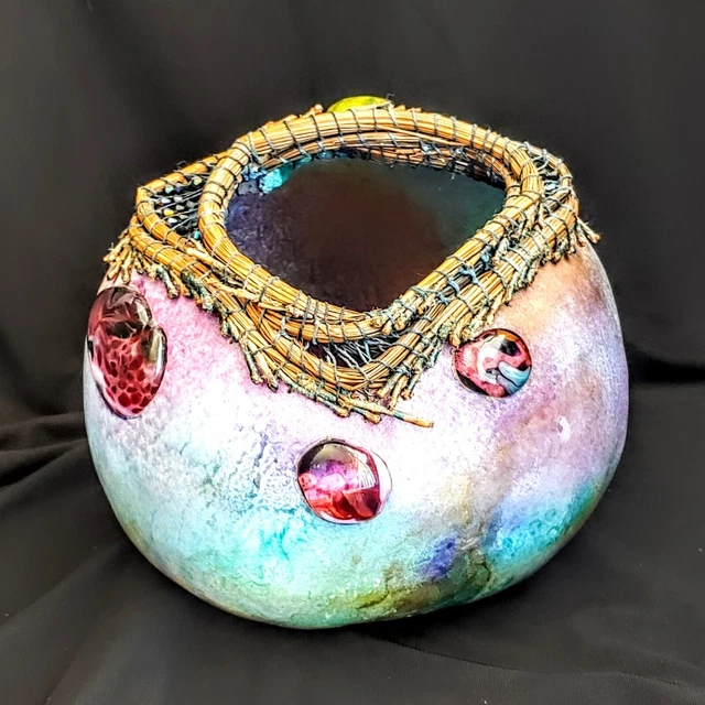 Fine Art Gourd Mix Media Beaded Fused Glass Pine Needle Signed Vasquez 1996 9"