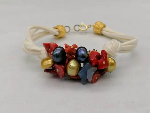 Femmes Bracelet Corail Rouge Aigue-Marine Perle Gris Agate Bleu Réglable