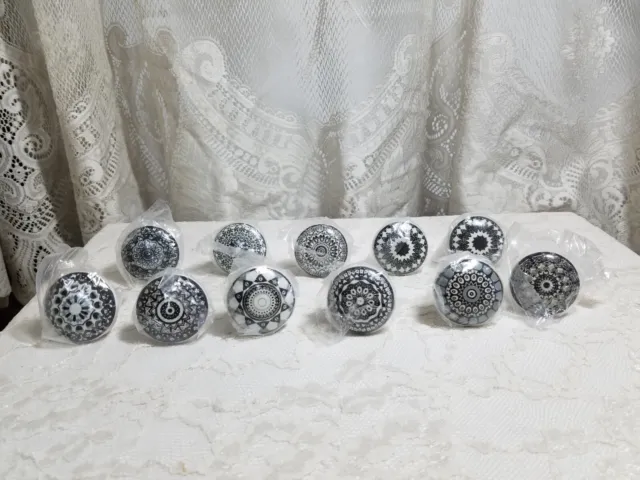 11 PC Ceramic Knobs Pottery Door Drawer Cabinet Pulls Geometric Black & White