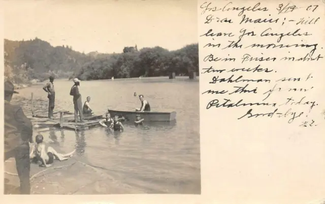 RPPC Lake, Boat, Petaluma, CA Los Angeles Cancel 1907 Vintage Photo Postcard