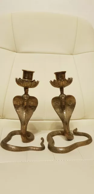 Vintage Retro Indian Brass Snake Serpent Cobra Candlestick Candle Holders Pair