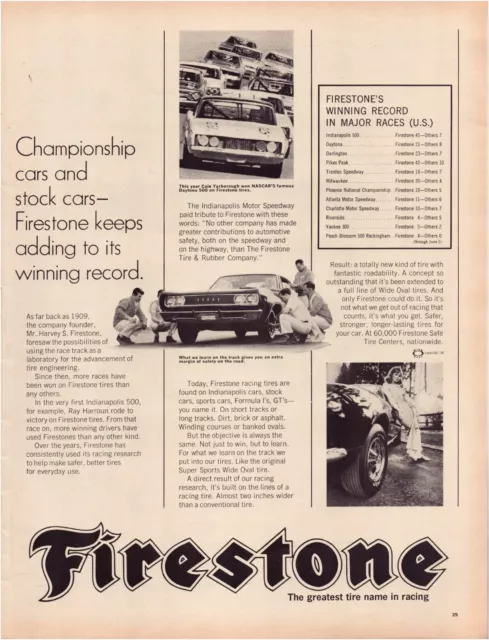 Print Ad Firestone 1968 Indy Nascar 2-Page 2-Piece 10.5"x13.5" Each