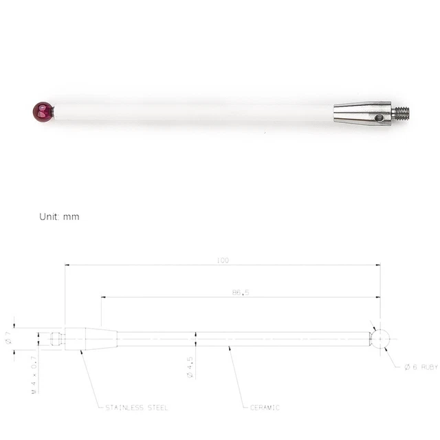 CMM-Touch Probe-Stylus 6mm Rubine Ball CNC Tip Ceramic Shaft M4 A-5000-3712