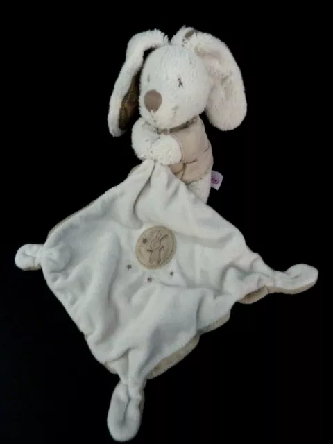 C2.Doudou Peluche Pommette Lapin Mouchoir Blanc Ecru Beige Marron Rond Etoile Be