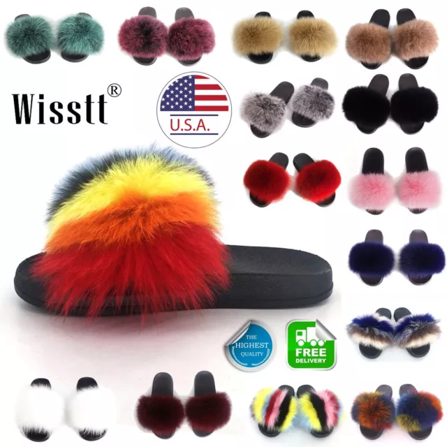 Women's Girls Outdoor Fuzzy Furry Fluffy Sandals Flat House Shoes Fur Slippers