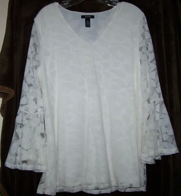 Alfani Womens Large  Sheer Lined White  Tunic Pullover Top Blouse w/Bell Sleeves