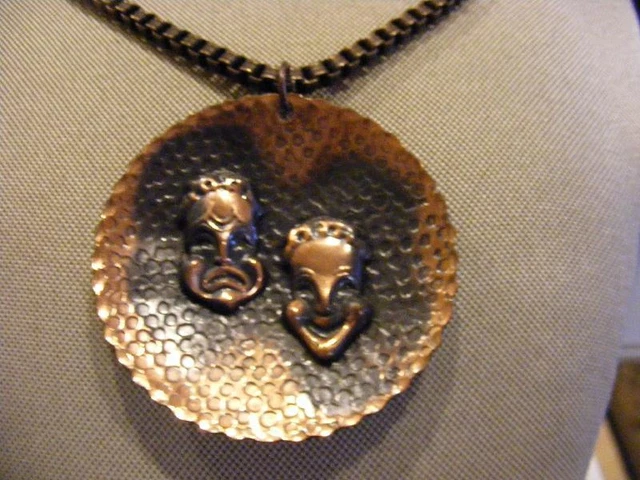 HUGE Copper PENDANT BOX Chain NECKLACE Comedy Tragedy DRAMA MASKS Theater Eames