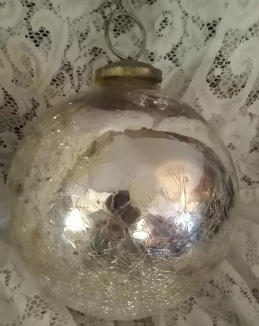 Vintage Kugel Type Heavy Crackle Mercury Glass Silver Round Large Ball Ornament