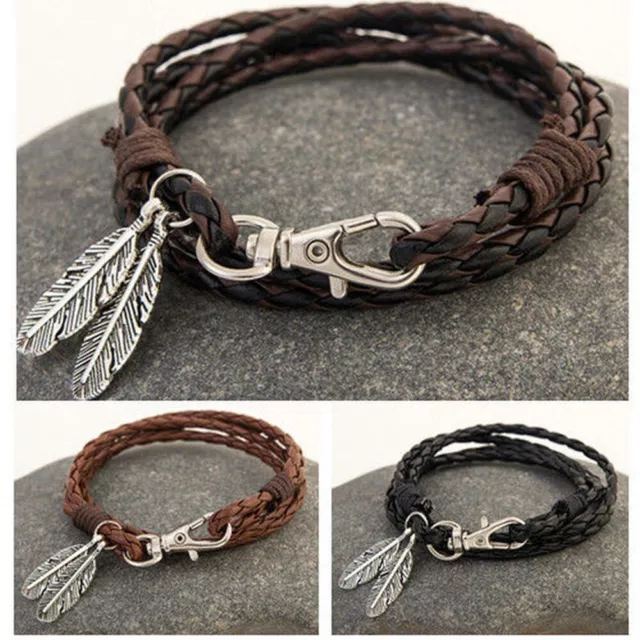 Mens Women Real Leather Bracelet Wristband Bangle Punk Beaded Surfer Wrap Gifts