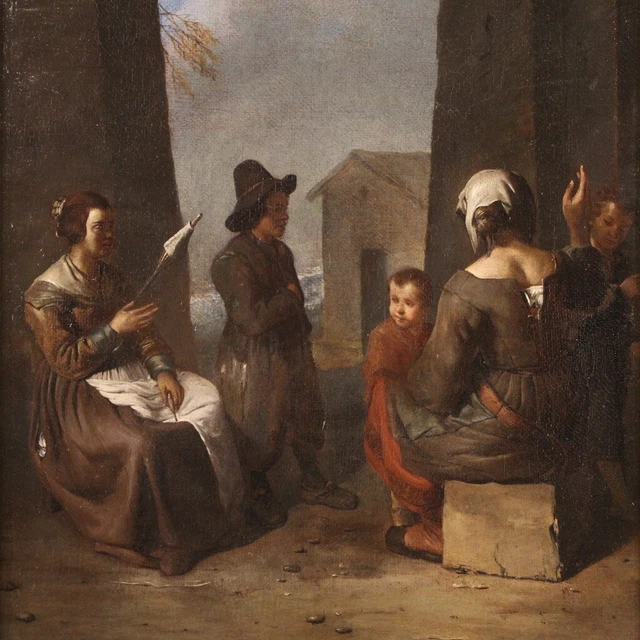 Antiguo cuadro escuela Bamboccianti pintura oleo lienzo escena de genero 600