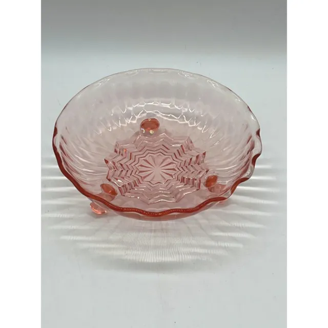Vintage Pink Depression Glass Footed Bowl Ruffled Star Pattern
