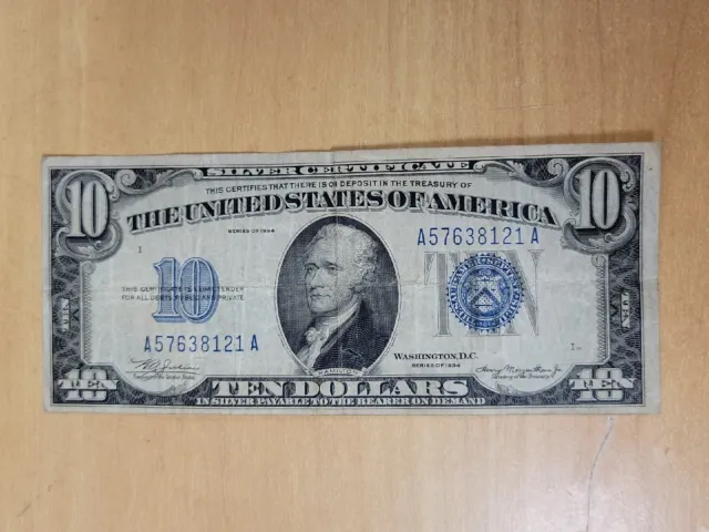 1934 Ten DOLLAR SILVER CERTIFICATE $10 Note Bill Currency CIRCULATED