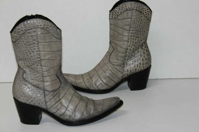 Bottines Boots Pointues Cuir Façon Reptile Gris Clair Doublées Cuir T 37 TBE